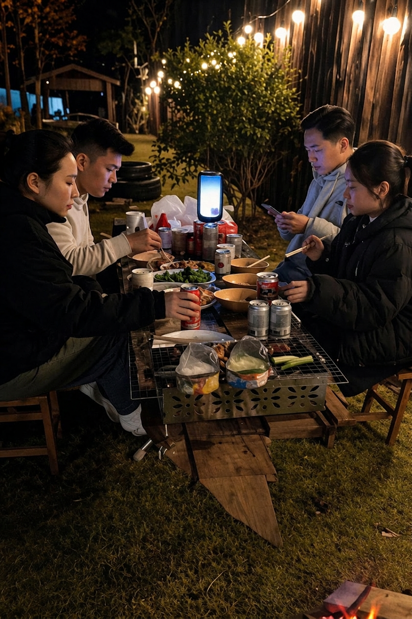 Nhóm khách quây quần bên bàn tiệc BBQ ngoài trời về đêm
