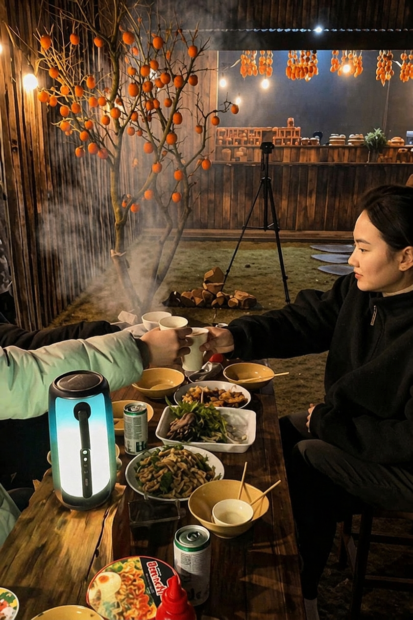 Bữa tối ấm cúng trong khu BBQ với ánh đèn vàng và khói bếp
